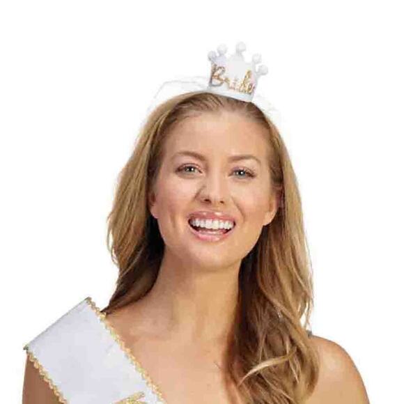 Mud pie bride tiara and veil bridal shower bachelorette party hat - Picture 2 of 8